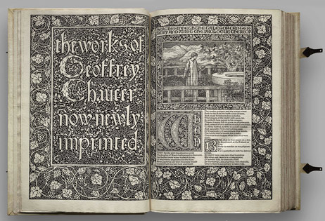 Double page du Chaucer de William Morris, publié en 1896. Double page du Chaucer de William Morris, publié en 1896.